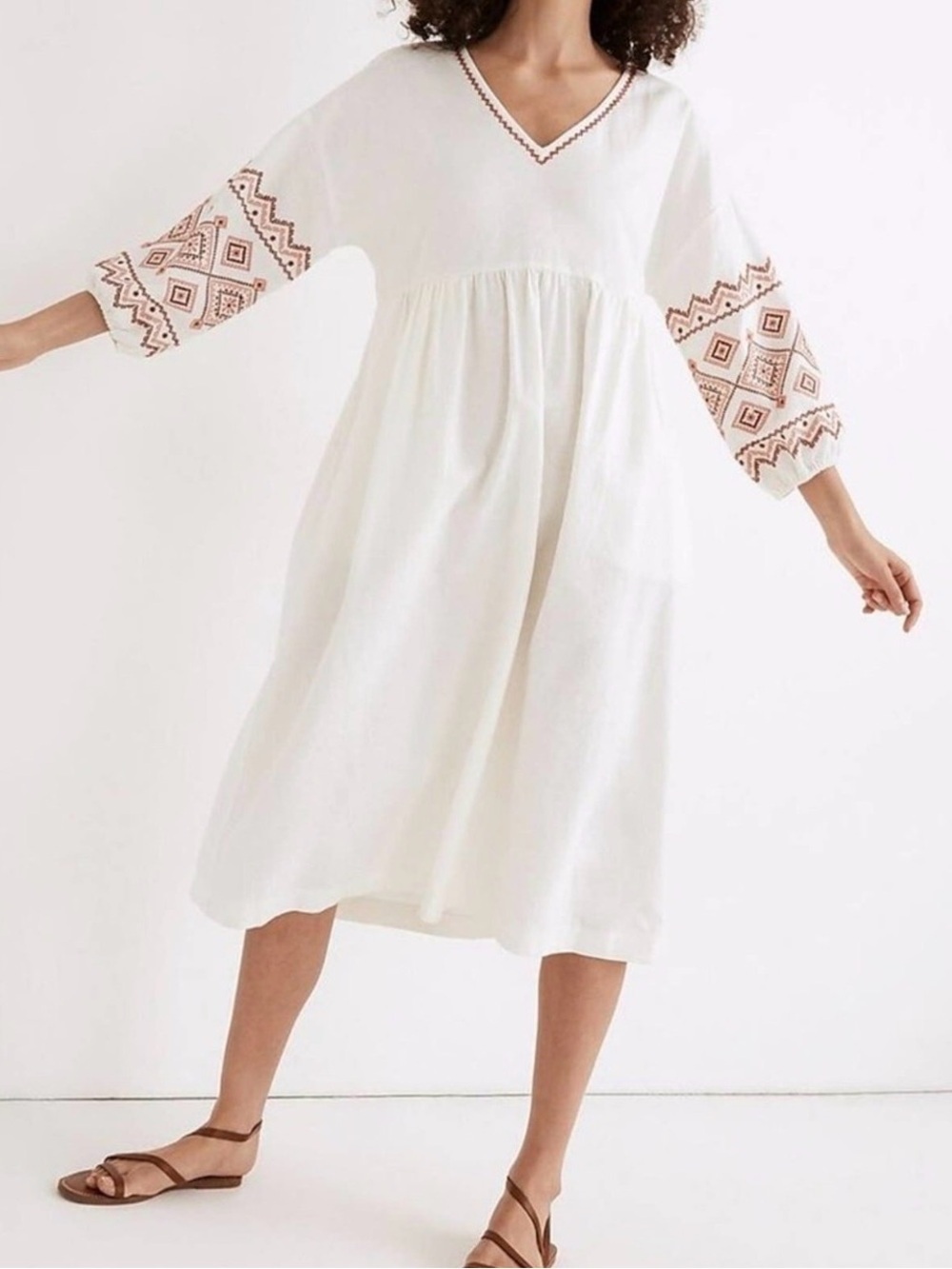 Oversized Madewell White Midi Dress with Terracotta Embroidered Sleeves